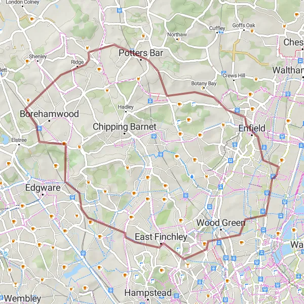 Map miniature of "Tottenham and Mill Hill Adventure" cycling inspiration in Outer London — East and North East, United Kingdom. Generated by Tarmacs.app cycling route planner