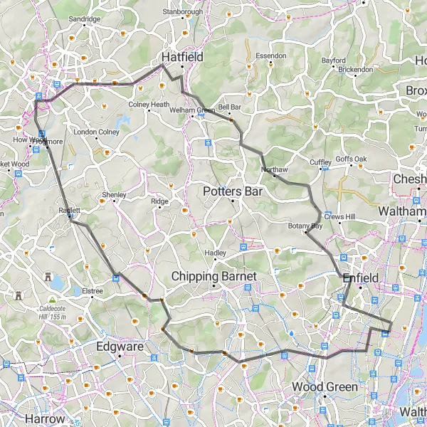Map miniature of "The Edmonton Loop" cycling inspiration in Outer London — East and North East, United Kingdom. Generated by Tarmacs.app cycling route planner