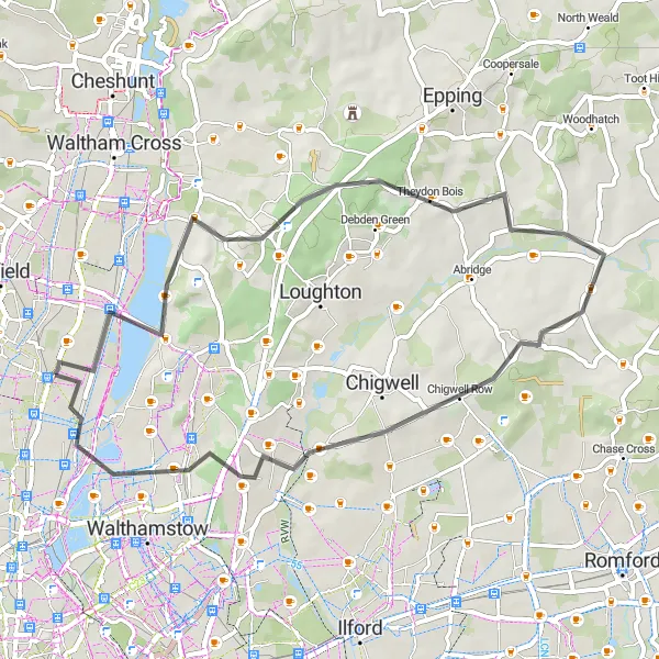 Map miniature of "Scenic Ride to Theydon Bois" cycling inspiration in Outer London — East and North East, United Kingdom. Generated by Tarmacs.app cycling route planner