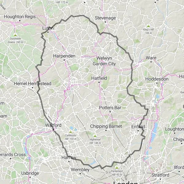 Map miniature of "The Hertfordshire and Bedfordshire Loop" cycling inspiration in Outer London — East and North East, United Kingdom. Generated by Tarmacs.app cycling route planner