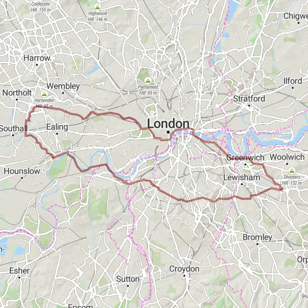 Map miniature of "Eltham to Dulwich and Back" cycling inspiration in Outer London — East and North East, United Kingdom. Generated by Tarmacs.app cycling route planner