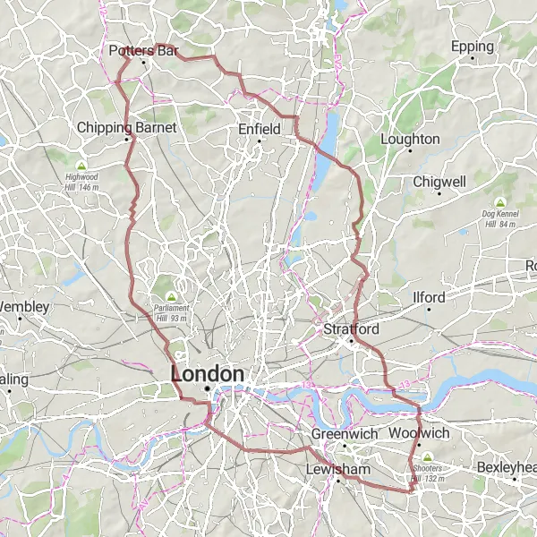Map miniature of "Eltham Gravel Adventure" cycling inspiration in Outer London — East and North East, United Kingdom. Generated by Tarmacs.app cycling route planner