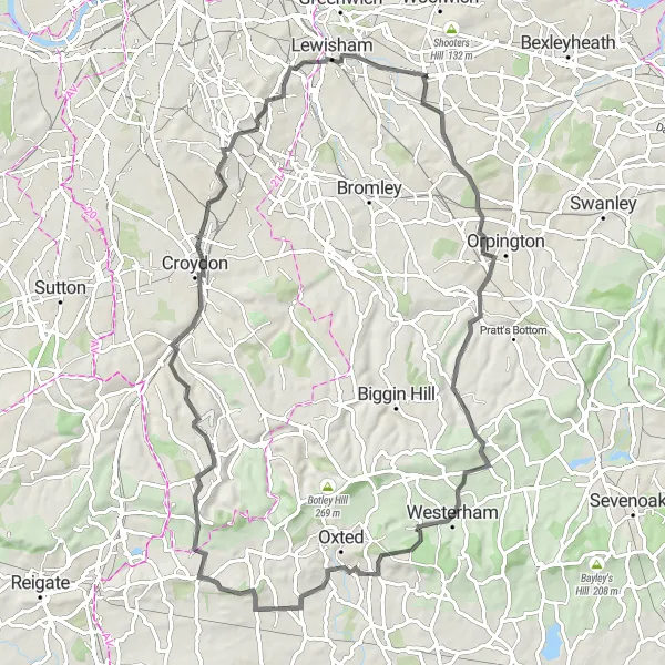 Map miniature of "Challenging Road Ride across Eltham" cycling inspiration in Outer London — East and North East, United Kingdom. Generated by Tarmacs.app cycling route planner