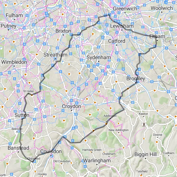 Map miniature of "Eltham to Sutton Scenic Route" cycling inspiration in Outer London — East and North East, United Kingdom. Generated by Tarmacs.app cycling route planner
