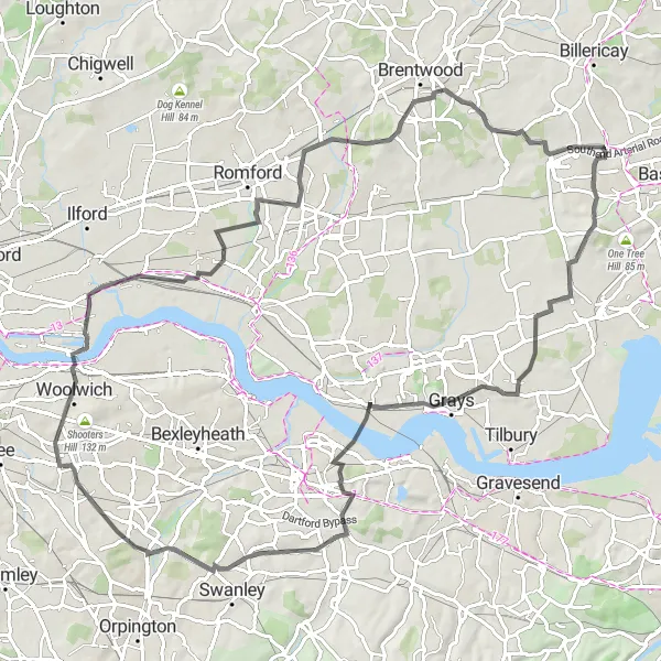 Map miniature of "Eltham to Woolwich Loop" cycling inspiration in Outer London — East and North East, United Kingdom. Generated by Tarmacs.app cycling route planner