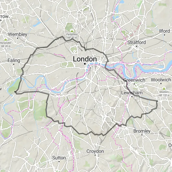 Map miniature of "Eltham Palace to The Shard Loop" cycling inspiration in Outer London — East and North East, United Kingdom. Generated by Tarmacs.app cycling route planner