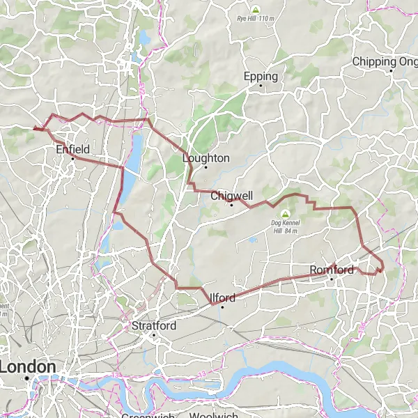 Map miniature of "Romford to Emerson Park Gravel Adventure" cycling inspiration in Outer London — East and North East, United Kingdom. Generated by Tarmacs.app cycling route planner