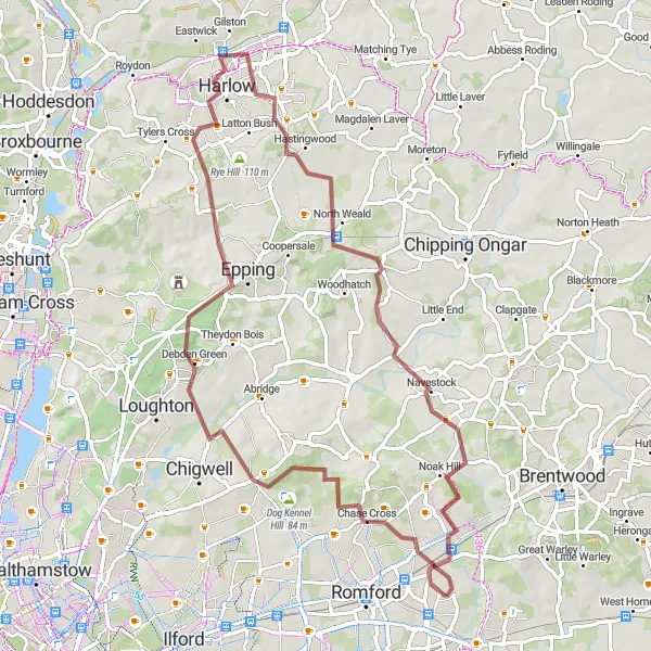 Map miniature of "Harlow and Beyond Gravel Adventure" cycling inspiration in Outer London — East and North East, United Kingdom. Generated by Tarmacs.app cycling route planner