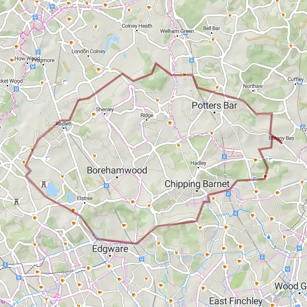 Map miniature of "The Enfield Gravel Adventure" cycling inspiration in Outer London — East and North East, United Kingdom. Generated by Tarmacs.app cycling route planner