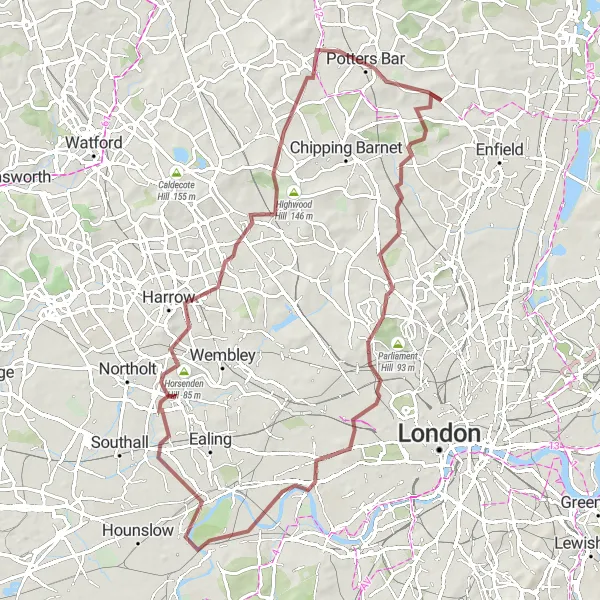 Map miniature of "Finchley to Edgware via Notting Hill" cycling inspiration in Outer London — East and North East, United Kingdom. Generated by Tarmacs.app cycling route planner
