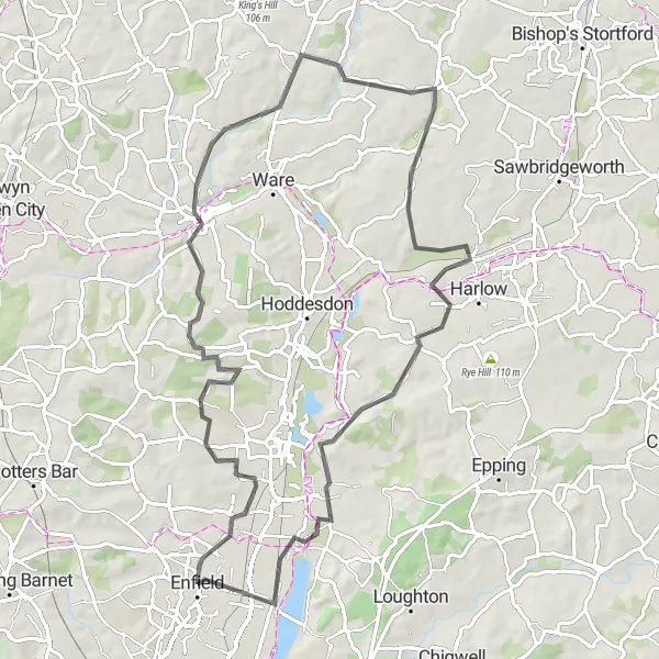 Map miniature of "Lea Valley Road Loop" cycling inspiration in Outer London — East and North East, United Kingdom. Generated by Tarmacs.app cycling route planner