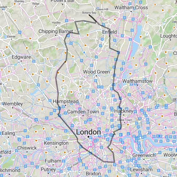 Map miniature of "Enfield to Cockfosters via Tower of London" cycling inspiration in Outer London — East and North East, United Kingdom. Generated by Tarmacs.app cycling route planner