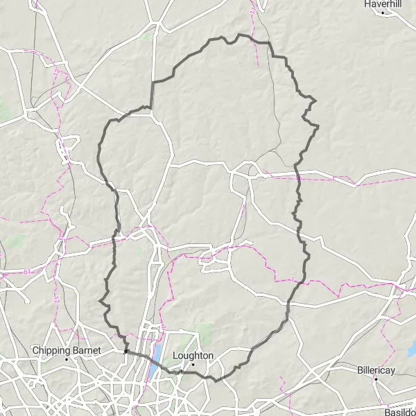 Map miniature of "Enfield to Cambridge via Hertford" cycling inspiration in Outer London — East and North East, United Kingdom. Generated by Tarmacs.app cycling route planner