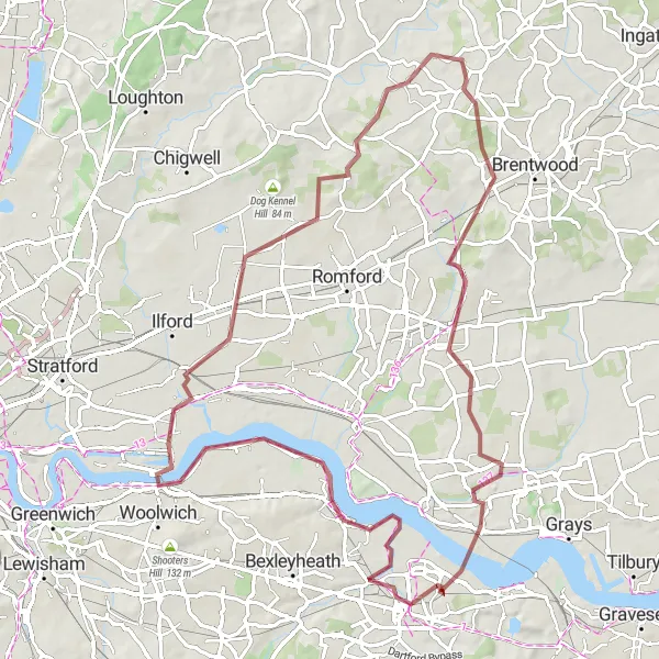 Map miniature of "The Essex Gravel Adventure" cycling inspiration in Outer London — East and North East, United Kingdom. Generated by Tarmacs.app cycling route planner