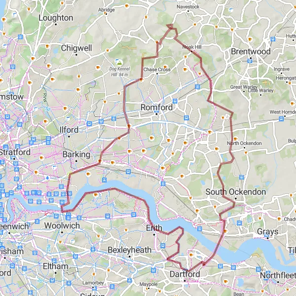 Map miniature of "The Upminster Gravel Loop" cycling inspiration in Outer London — East and North East, United Kingdom. Generated by Tarmacs.app cycling route planner