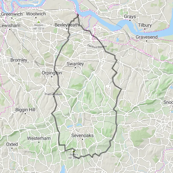 Map miniature of "The Ightham and Beyond" cycling inspiration in Outer London — East and North East, United Kingdom. Generated by Tarmacs.app cycling route planner