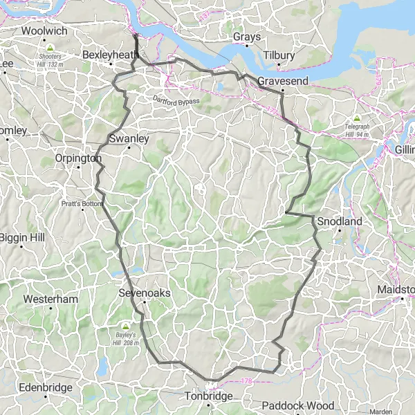 Map miniature of "The Kent Hills Road Challenge" cycling inspiration in Outer London — East and North East, United Kingdom. Generated by Tarmacs.app cycling route planner