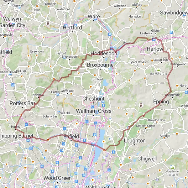 Map miniature of "Hadley Wood to Epping Gravel Loop" cycling inspiration in Outer London — East and North East, United Kingdom. Generated by Tarmacs.app cycling route planner