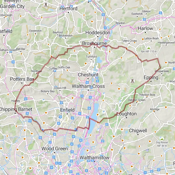 Map miniature of "Epping to Hadley Wood Gravel Loop" cycling inspiration in Outer London — East and North East, United Kingdom. Generated by Tarmacs.app cycling route planner