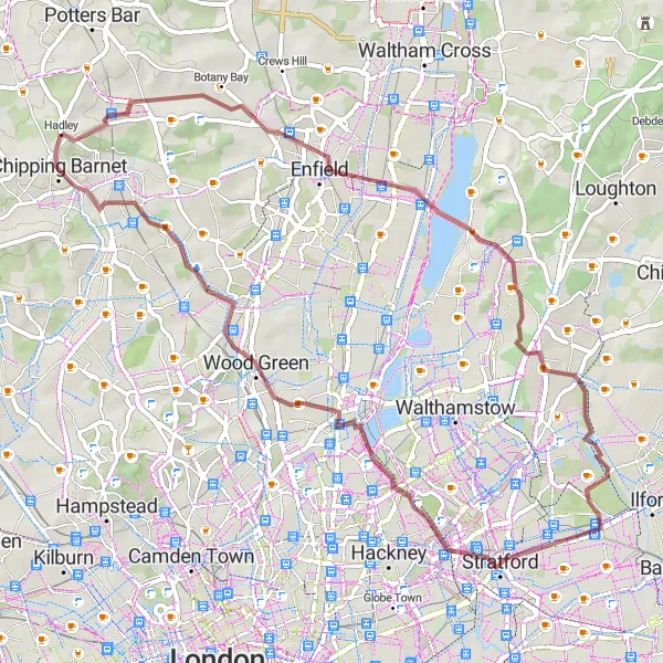 Map miniature of "Gravel Adventure" cycling inspiration in Outer London — East and North East, United Kingdom. Generated by Tarmacs.app cycling route planner