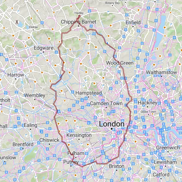Map miniature of "Hadley Wood to East Barnet" cycling inspiration in Outer London — East and North East, United Kingdom. Generated by Tarmacs.app cycling route planner