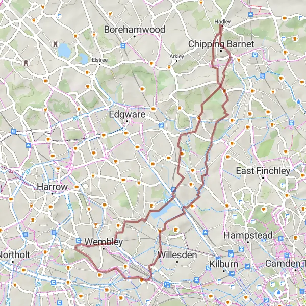 Map miniature of "Hadley Wood to Hadley Gravel Adventure" cycling inspiration in Outer London — East and North East, United Kingdom. Generated by Tarmacs.app cycling route planner