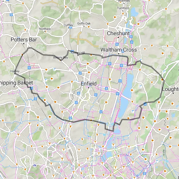 Map miniature of "Hadley Wood to Botany Bay" cycling inspiration in Outer London — East and North East, United Kingdom. Generated by Tarmacs.app cycling route planner