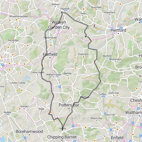 Map miniature of "Hadley Wood to Hatfield" cycling inspiration in Outer London — East and North East, United Kingdom. Generated by Tarmacs.app cycling route planner