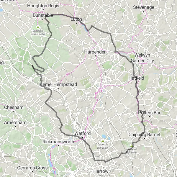 Map miniature of "Hadley Wood to Hatfield Road Warrior" cycling inspiration in Outer London — East and North East, United Kingdom. Generated by Tarmacs.app cycling route planner