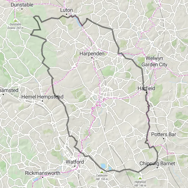 Map miniature of "Elstree to Hadley Round-Trip" cycling inspiration in Outer London — East and North East, United Kingdom. Generated by Tarmacs.app cycling route planner