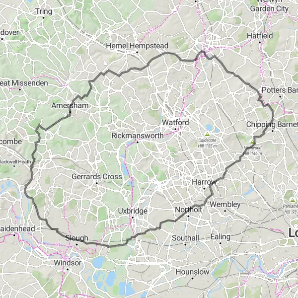 Map miniature of "Hadley Wood to Amersham Epic Road Ride" cycling inspiration in Outer London — East and North East, United Kingdom. Generated by Tarmacs.app cycling route planner