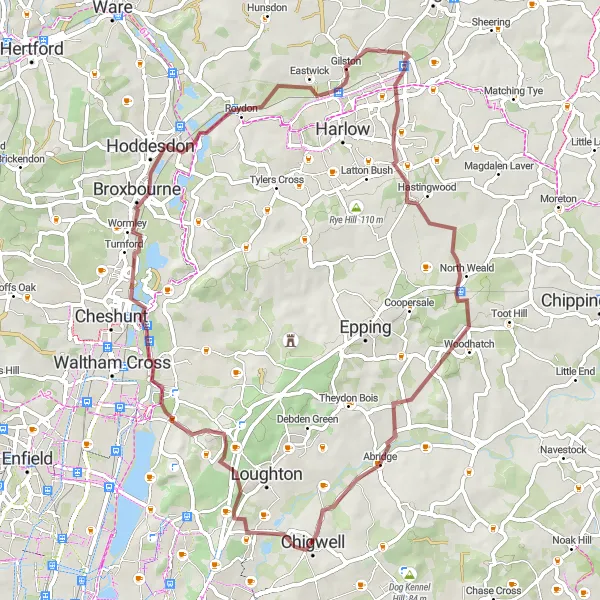 Map miniature of "Gravel Loop through Chigwell and Harlow" cycling inspiration in Outer London — East and North East, United Kingdom. Generated by Tarmacs.app cycling route planner