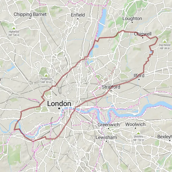 Map miniature of "Stratford to Primrose Hill Gravel Ride" cycling inspiration in Outer London — East and North East, United Kingdom. Generated by Tarmacs.app cycling route planner
