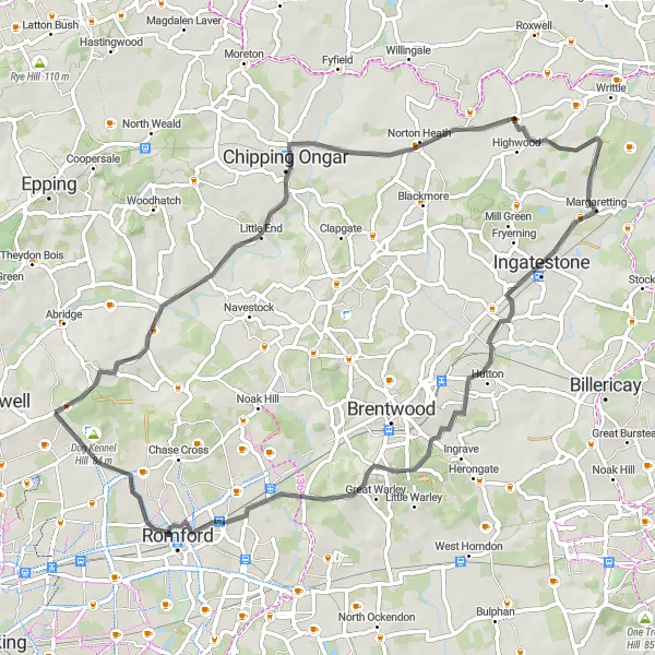 Map miniature of "Chigwell Row to Gidea Park Road Ride" cycling inspiration in Outer London — East and North East, United Kingdom. Generated by Tarmacs.app cycling route planner
