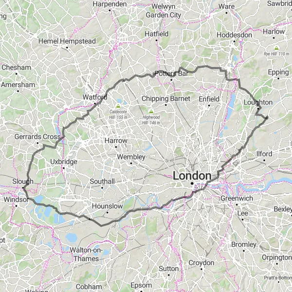 Map miniature of "Hainault to Loughton Loop" cycling inspiration in Outer London — East and North East, United Kingdom. Generated by Tarmacs.app cycling route planner