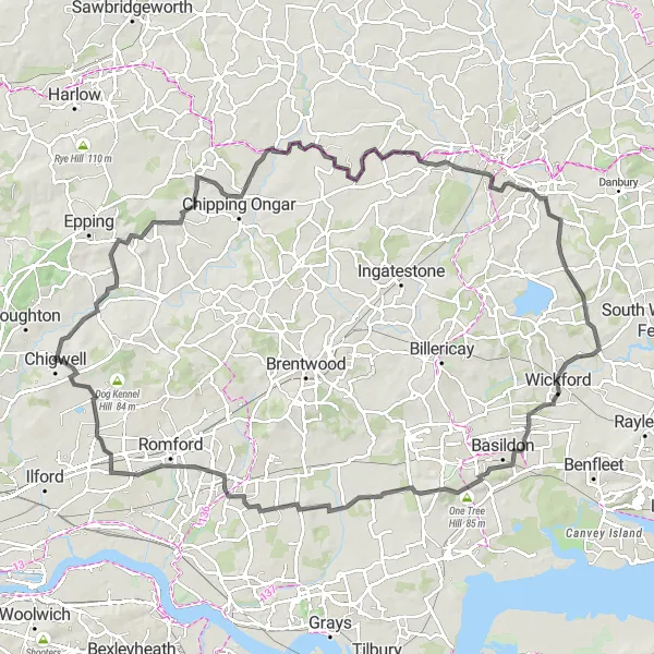 Map miniature of "Road Cycling Tour Exploring Chigwell and Wickford" cycling inspiration in Outer London — East and North East, United Kingdom. Generated by Tarmacs.app cycling route planner