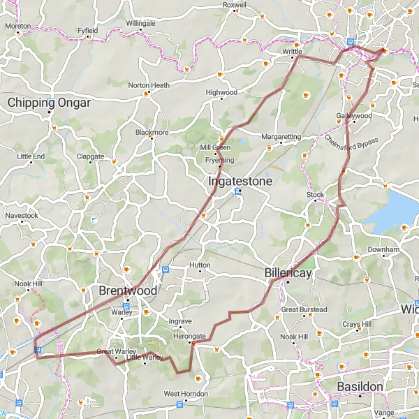 Map miniature of "The Gravel Explorer" cycling inspiration in Outer London — East and North East, United Kingdom. Generated by Tarmacs.app cycling route planner