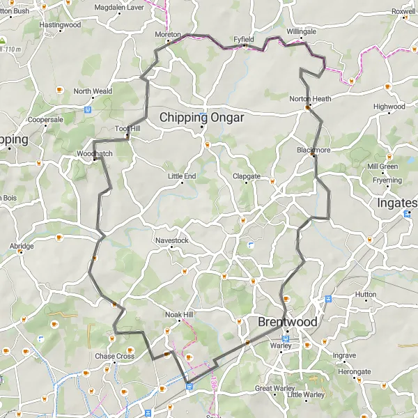 Map miniature of "Stapleford Abbotts Loop" cycling inspiration in Outer London — East and North East, United Kingdom. Generated by Tarmacs.app cycling route planner