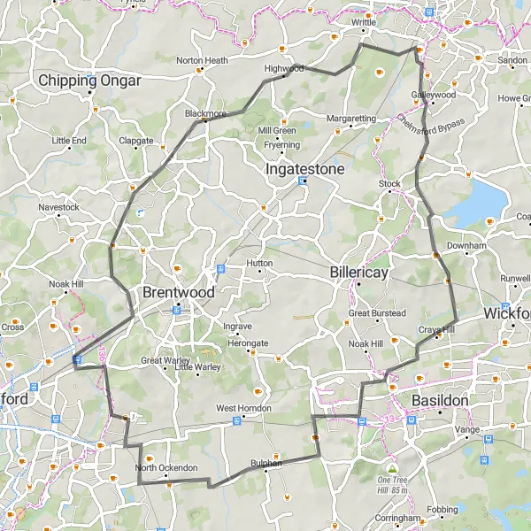 Map miniature of "The Essex Hills" cycling inspiration in Outer London — East and North East, United Kingdom. Generated by Tarmacs.app cycling route planner