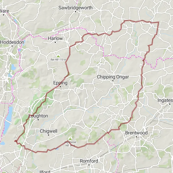 Map miniature of "Epping Explorer Gravel Adventure" cycling inspiration in Outer London — East and North East, United Kingdom. Generated by Tarmacs.app cycling route planner