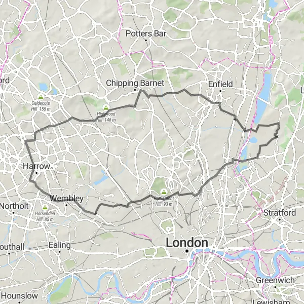 Map miniature of "Highams Park to East Barnet" cycling inspiration in Outer London — East and North East, United Kingdom. Generated by Tarmacs.app cycling route planner