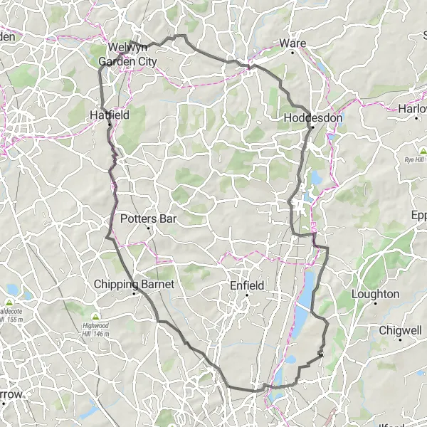 Map miniature of "Serene Countryside Ride" cycling inspiration in Outer London — East and North East, United Kingdom. Generated by Tarmacs.app cycling route planner