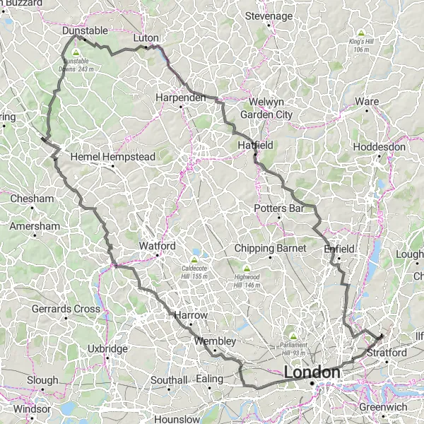Map miniature of "London Loop Challenge" cycling inspiration in Outer London — East and North East, United Kingdom. Generated by Tarmacs.app cycling route planner