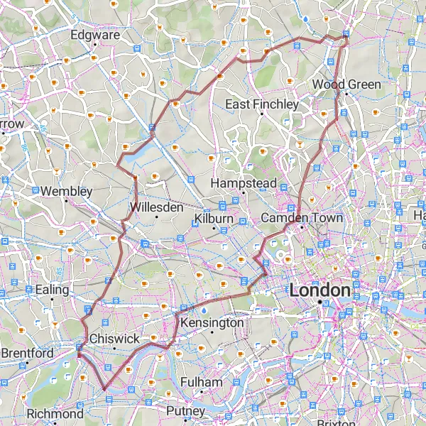 Map miniature of "Tufnell Park to Friern Barnet Gravel Ride" cycling inspiration in Outer London — East and North East, United Kingdom. Generated by Tarmacs.app cycling route planner