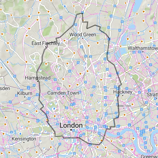 Map miniature of "Hidden Treasures of East London Cycling Route" cycling inspiration in Outer London — East and North East, United Kingdom. Generated by Tarmacs.app cycling route planner