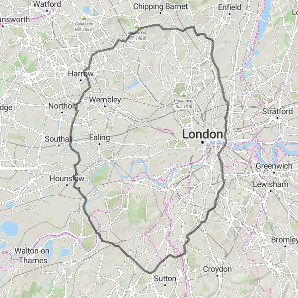 Map miniature of "Discovering London's North Road Cycling Route" cycling inspiration in Outer London — East and North East, United Kingdom. Generated by Tarmacs.app cycling route planner