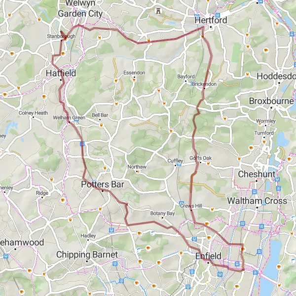 Map miniature of "Gravel Route from Ponders End to Ponders End" cycling inspiration in Outer London — East and North East, United Kingdom. Generated by Tarmacs.app cycling route planner