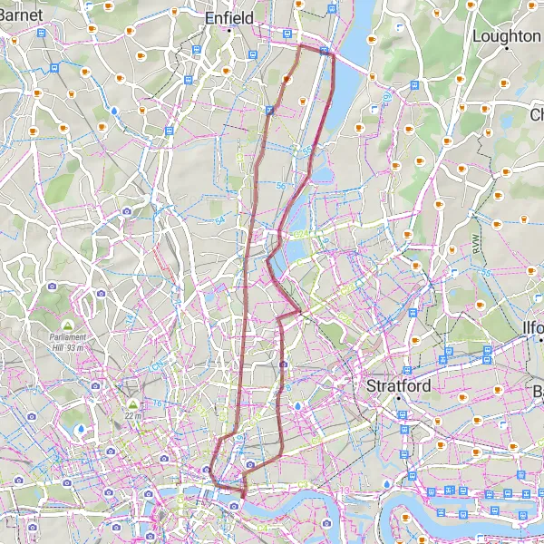 Map miniature of "Gravel Adventure through Iconic East London" cycling inspiration in Outer London — East and North East, United Kingdom. Generated by Tarmacs.app cycling route planner