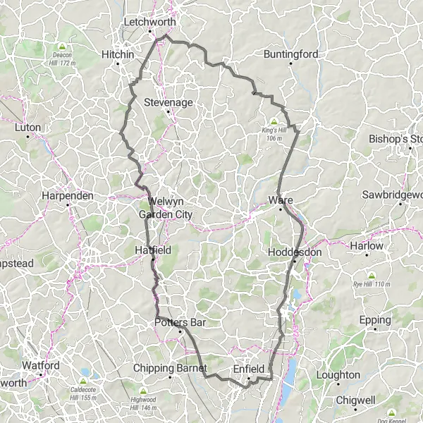 Map miniature of "Hertfordshire Countryside Explorer" cycling inspiration in Outer London — East and North East, United Kingdom. Generated by Tarmacs.app cycling route planner