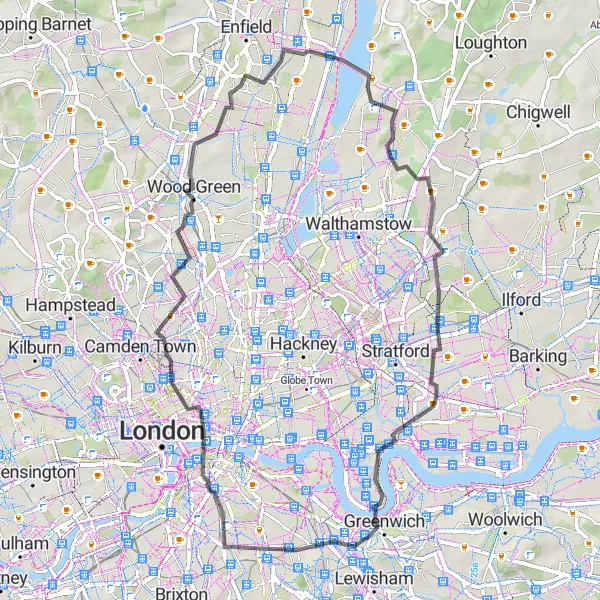Map miniature of "The East End Adventure" cycling inspiration in Outer London — East and North East, United Kingdom. Generated by Tarmacs.app cycling route planner